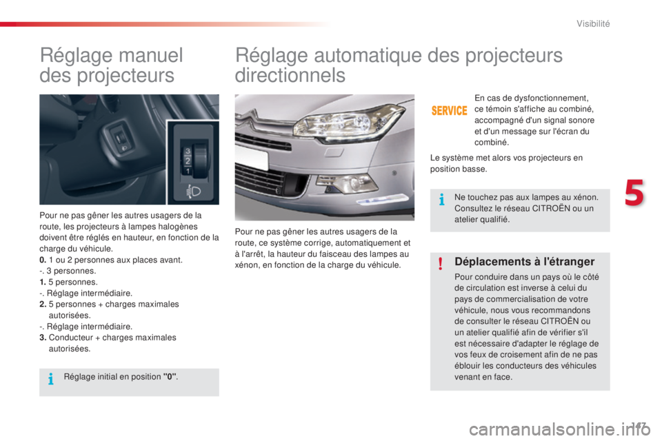 CITROEN C5 2015  Notices Demploi (in French) 147
Réglage manuel 
des projecteurs
Pour ne pas gêner les autres usagers de la 
route, les projecteurs à lampes halogènes 
doivent être réglés en hauteur, en fonction de la 
charge du véhicule