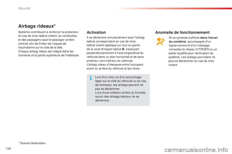 CITROEN C5 2015  Notices Demploi (in French) 166
Airbags rideaux*
ActivationAnomalie de fonctionnement
* suivant destination.
si c
 e symbole s'affiche dans l'écran 
du combiné , accompagné d'un 
signal sonore et d'un message,