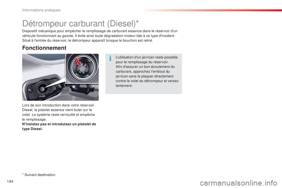 CITROEN C5 2015  Notices Demploi (in French) 184
détrompeur carburant (diesel)*
lors de son introduction dans votre réservoir di
esel, le pistolet essence vient buter sur le 
volet. 
l
e s
 ystème reste verrouillé et empêche 
le remplissage
