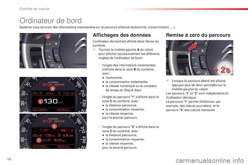 CITROEN C5 2015 Notices Demploi (in French) 18
système vous donnant des informations instantanées sur le parcours effectué (autonomie, consommation, …).
Affichages des données Remise à zéro du parcours
l'ordinateur de bord est affic CITROEN C5 2015 Notices Demploi (in French) 18
système vous donnant des informations instantanées sur le parcours effectué (autonomie, consommation, …).
Affichages des données Remise à zéro du parcours
l'ordinateur de bord est affic