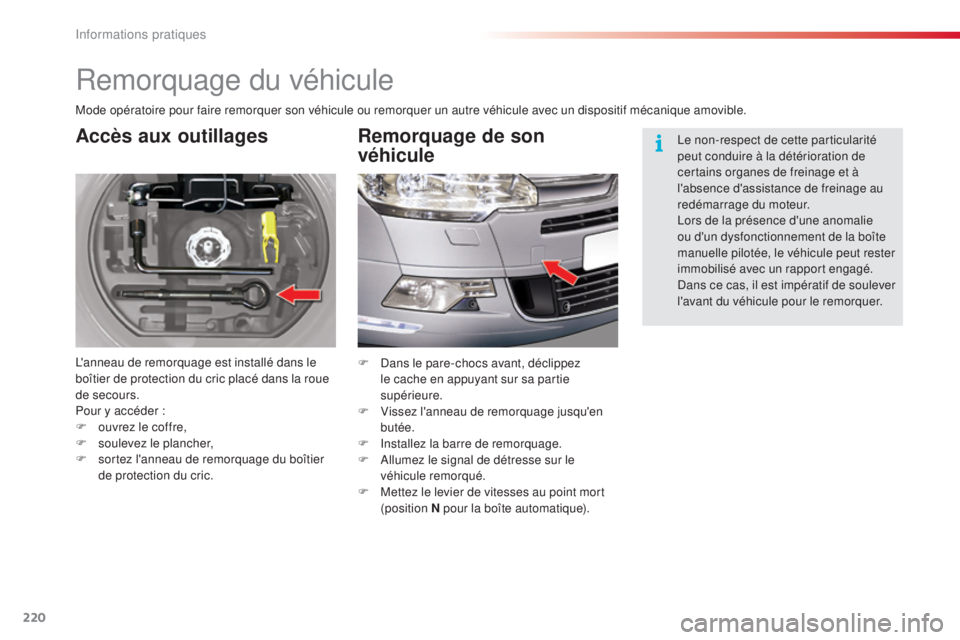 CITROEN C5 2015 Notices Demploi (in French) 220
Remorquage du véhicule
Accès aux outillages
l'anneau de remorquage est installé dans le
boîtier de protection du cric placé dans la roue
de secours.
Pour y accéder :
F
o
uvrez le cof CITROEN C5 2015 Notices Demploi (in French) 220
Remorquage du véhicule
Accès aux outillages
l'anneau de remorquage est installé dans le
boîtier de protection du cric placé dans la roue
de secours.
Pour y accéder :
F
o
uvrez le cof