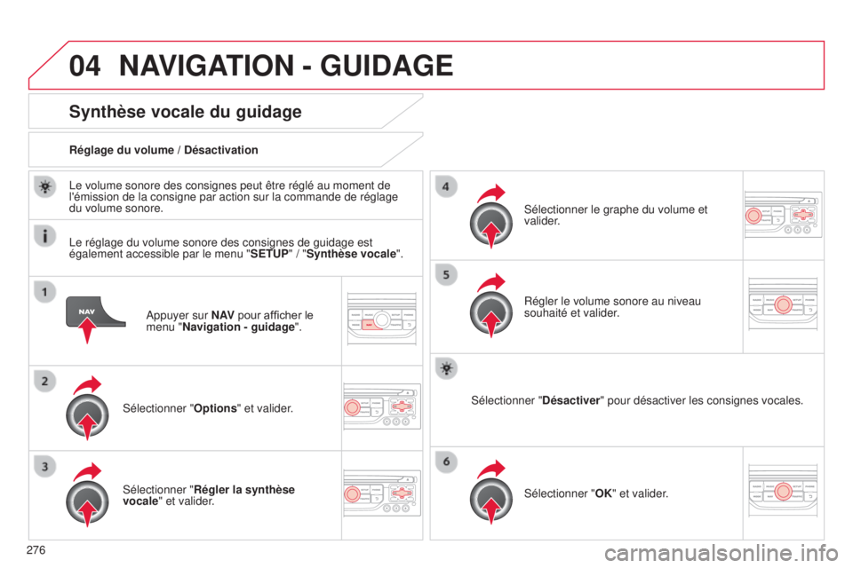 CITROEN C5 2015  Notices Demploi (in French) 04
276
a
ppuyer sur N AV
 pour afficher le 
menu "Navigation - guidage ".
Synthèse vocale du guidage
sélectionner "Options" et valider .
Réglage du volume / Désactivation
s

élect