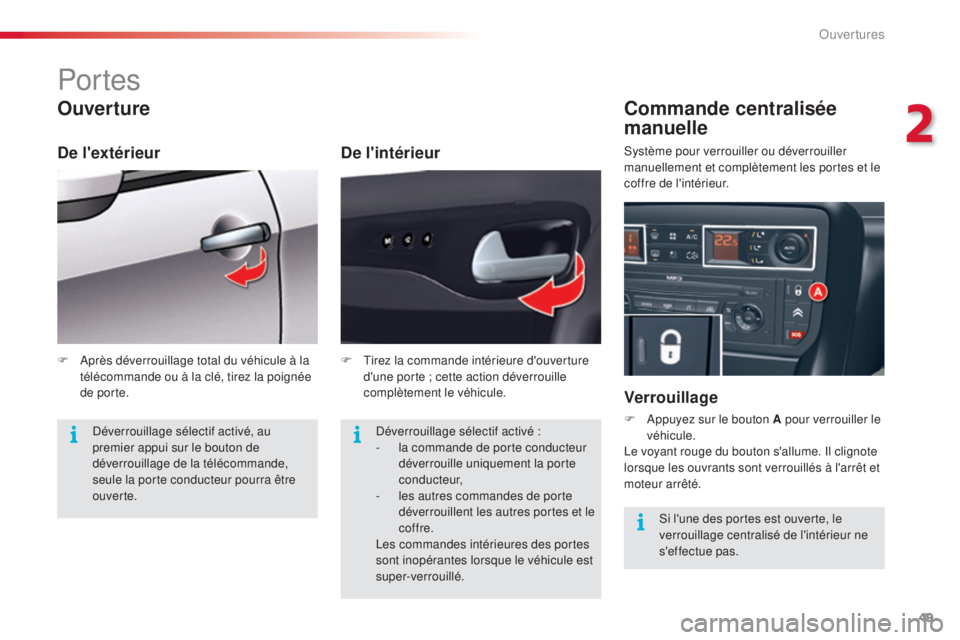 CITROEN C5 2015  Notices Demploi (in French) 49
Portes
Ouverture
De l'intérieur
Commande centralisée 
manuelle
Verrouillage
F  appuyez sur le bouton A pour verrouiller le véhicule.
le v

oyant rouge du bouton s'allume.  i
l c
 lignote