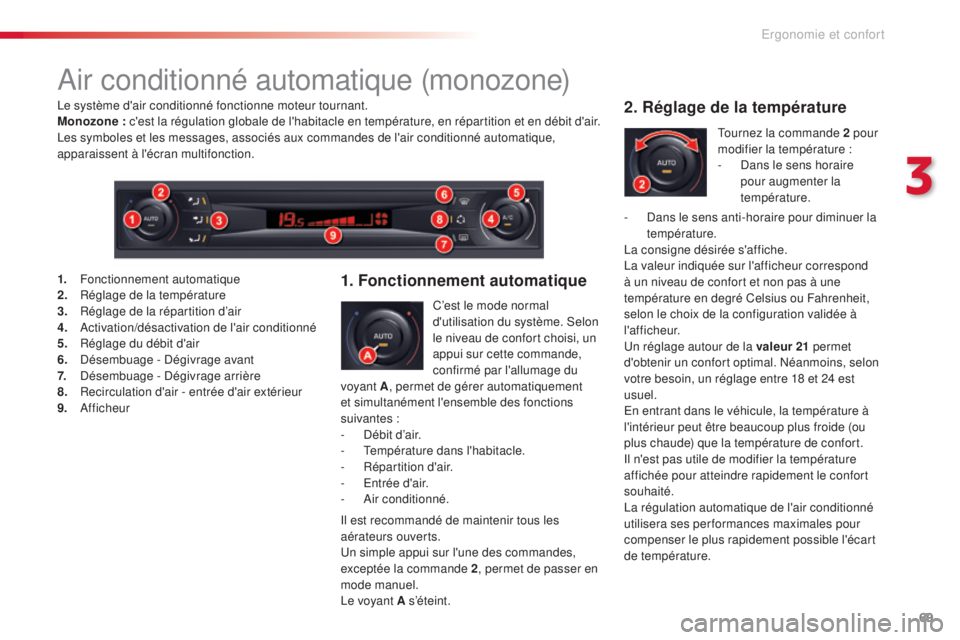 CITROEN C5 2015  Notices Demploi (in French) 69
air conditionné automatique (monozone)
C’est le mode normal 
d'utilisation du système. se lon 
le niveau de confort choisi, un 
appui sur cette commande, 
confirmé par l'allumage du 
v