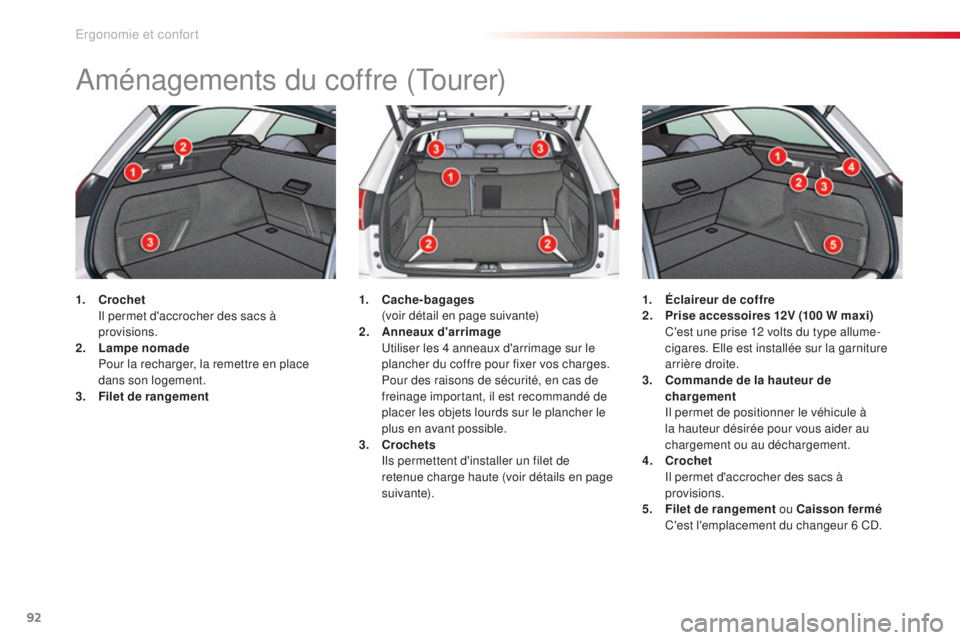 CITROEN C5 2015  Notices Demploi (in French) 92
aménagements du coffre (tourer)
1. Crochet  
il p ermet d'accrocher des sacs à 
provisions.
2.
 L

ampe nomade  
 P

our la recharger, la remettre en place 
dans son logement.
3.
 F

ilet de 