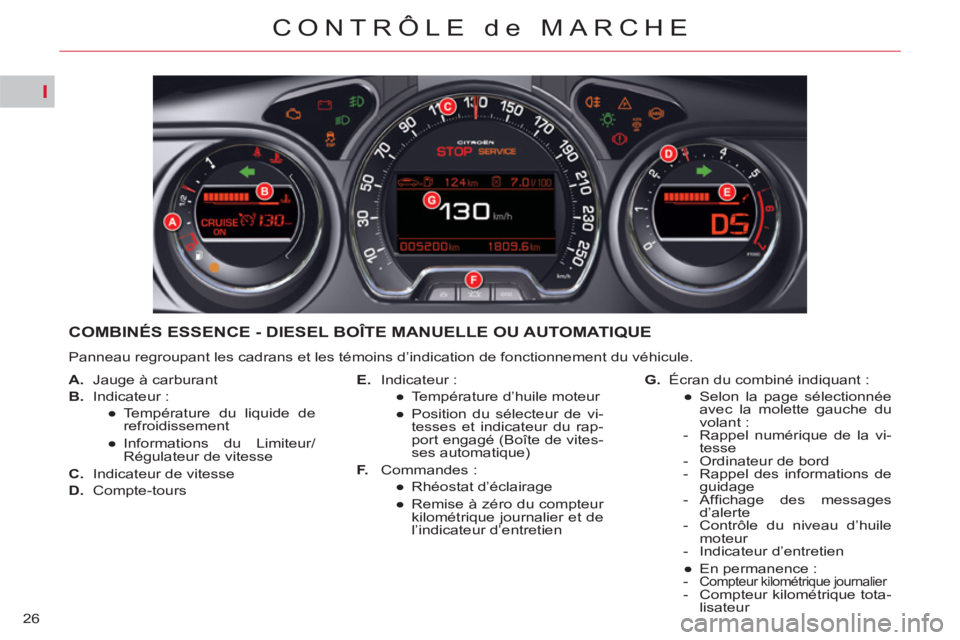 CITROEN C5 2014  Notices Demploi (in French) I
26
CONTRÔLE de MARCHE
COMBINÉS ESSENCE - DIESEL BOÎTE MANUELLE OU AUTOMATIQUE 
  Panneau regroupant les cadrans et les témoins d’indication de fonctionnement du véhicule. 
   
 
A. 
  Jauge 