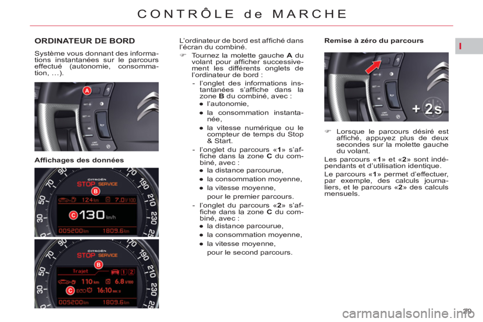 CITROEN C5 2014 Notices Demploi (in French) I
29
CONTRÔLE de MARCHE
ORDINATEUR DE BORD
Système vous donnant des informa-
tions instantanées sur le parcours
effectué (autonomie, consomma-
tion, …).
Affi chages des données CITROEN C5 2014 Notices Demploi (in French) I
29
CONTRÔLE de MARCHE
ORDINATEUR DE BORD
Système vous donnant des informa-
tions instantanées sur le parcours
effectué (autonomie, consomma-
tion, …).
Affi chages des données