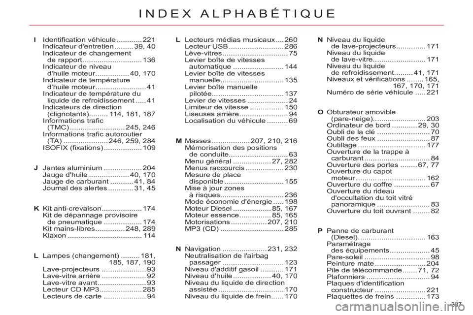 CITROEN C5 2014 Notices Demploi (in French) 307
INDEX ALPHABÉTIQUE
I Identification véhicule ............ 221
Indicateur dentretien ......... 39, 40
Indicateur de changement
de rapport ............................ 136
Indicateur de n CITROEN C5 2014 Notices Demploi (in French) 307
INDEX ALPHABÉTIQUE
I Identification véhicule ............ 221
Indicateur dentretien ......... 39, 40
Indicateur de changement
de rapport ............................ 136
Indicateur de n