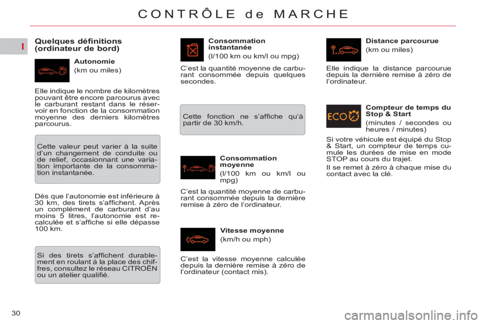 CITROEN C5 2014  Notices Demploi (in French) I
30
CONTRÔLE de MARCHE
   
 
 
 
 
 
Quelques définitions 
(ordinateur de bord) 
   
Autonomie 
  (km ou miles)    
Consommation 
instantanée 
  (l/100 km ou km/l ou mpg) 
   
Consommation 
moyenn