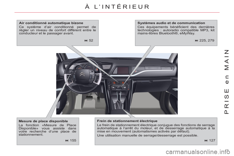 CITROEN C5 2014  Notices Demploi (in French) 7 
PRISE en MAIN
   
 
� 
 127  
 
À L’INTÉRIEUR 
 
 
Frein de stationnement électrique 
 
  Le frein de stationnement électrique conjugue des fonctions de serrage 
automatique à l’arrêt du