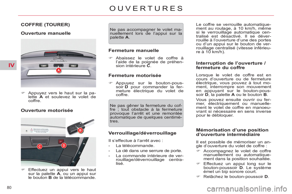 CITROEN C5 2014  Notices Demploi (in French) IV
80 
OUVERTURES
   
Ouverture motorisée  COFFRE 
(TOURER) 
   
Ouverture manuelle 
 
 
 
�) 
  Appuyez vers le haut sur la pa-
lette  A 
 et soulevez le volet de 
coffre.  
 
   
 
�) 
  Effectuez 