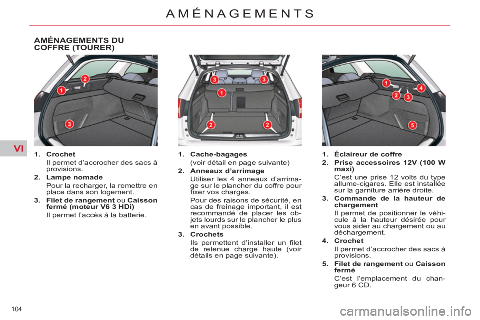 CITROEN C5 2012  Notices Demploi (in French) VI
104 
AMÉNAGEMENTS
AMÉNAGEMENTS DU 
COFFRE (TOURER) 
   
 
1. 
  Crochet 
   
  Il permet d’accrocher des sacs à 
provisions. 
   
2. 
  Lampe nomade 
   
  Pour la recharger, la remettre en 
p