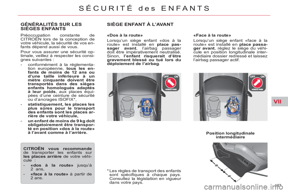 CITROEN C5 2012  Notices Demploi (in French) VII
107 
SÉCURITÉ des ENFANTS
   
*  
  Les règles de transport des enfants 
sont spéciﬁ ques à chaque pays. 
Consultez la législation en vigueur 
dans votre pays.  
GÉNÉRALITÉS SUR LES 
SI