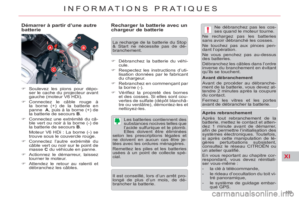 CITROEN C5 2012  Notices Demploi (in French) XI
!
199 
INFORMATIONS PRATIQUES
   
Démarrer à partir d’une autre 
batterie 
   
 
�) 
  Soulevez les pions pour dépo-
ser le cache du projecteur avant 
gauche (moteur V6 HDi). 
   
�) 
 Connect