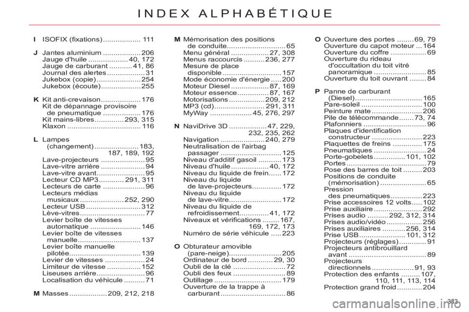 CITROEN C5 2012  Notices Demploi (in French) 333 
INDEX ALPHABÉTIQUE
I ISOFIX (ﬁ xations) .................. 111
J Jantes aluminium .................. 206
  Jauge dhuile ................... 40, 172
  Jauge de carburant ........... 41, 86
  J