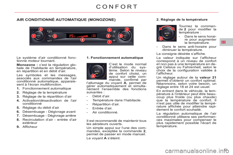 CITROEN C5 2012  Notices Demploi (in French) III
51 
CONFORT
AIR CONDITIONNÉ AUTOMATIQUE (MONOZONE)
  C’est le mode normal 
d’utilisation du sys-
tème. Selon le niveau 
de confort choisi, un 
appui sur cette com-
mande, conﬁ rmé  par 
l