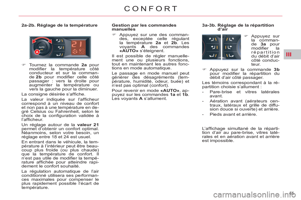 CITROEN C5 2012  Notices Demploi (in French) III
55 
CONFORT
   
2a-2b. Réglage de la température    
Gestion par les commandes 
manuelles 
   
 
�) 
  Appuyez sur une des comman-
des, exceptée celle régulant 
la température  2a 
 et  2b 
.