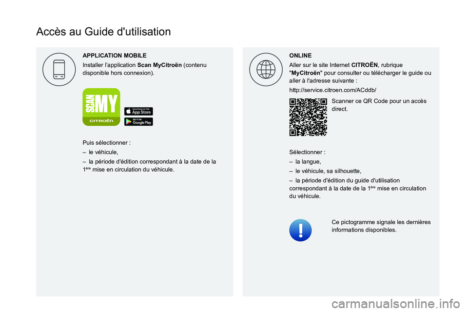 CITROEN C5 AIRCROSS 2022  Notices Demploi (in French)  
  
 
 
 
 
 
 
   
Accès au Guide d'utilisation
APPLICA
Installer l’application Scan MyCitro\353n (contenu 
disponible hors connexion). ONLINE
Aller sur le site Internet CITRO\313N, rubrique 