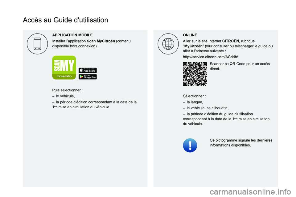 CITROEN C5 AIRCROSS 2022 Notices Demploi (in French)
Accès au Guide d'utilisation
APPLICA
Installer l’application Scan MyCitro\353n (contenu
disponible hors connexion). ONLINE
Aller sur le site Internet CITRO\313N, rubrique CITROEN C5 AIRCROSS 2022 Notices Demploi (in French)
Accès au Guide d'utilisation
APPLICA
Installer l’application Scan MyCitro\353n (contenu
disponible hors connexion). ONLINE
Aller sur le site Internet CITRO\313N, rubrique