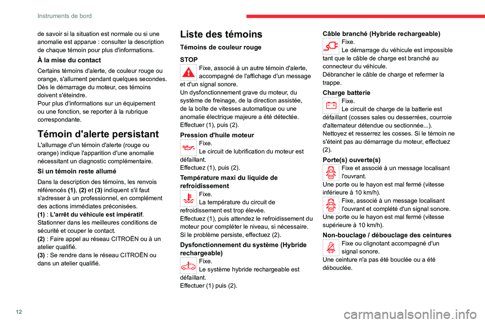 CITROEN C5 AIRCROSS 2022 Notices Demploi (in French) 12
Instruments de bord
de savoir si la situation est normale ou si une
anomalie est apparue : consulter la description
de chaque témoin pour plus d'informations.
À la mise du contact
Certains CITROEN C5 AIRCROSS 2022 Notices Demploi (in French) 12
Instruments de bord
de savoir si la situation est normale ou si une
anomalie est apparue : consulter la description
de chaque témoin pour plus d'informations.
À la mise du contact
Certains