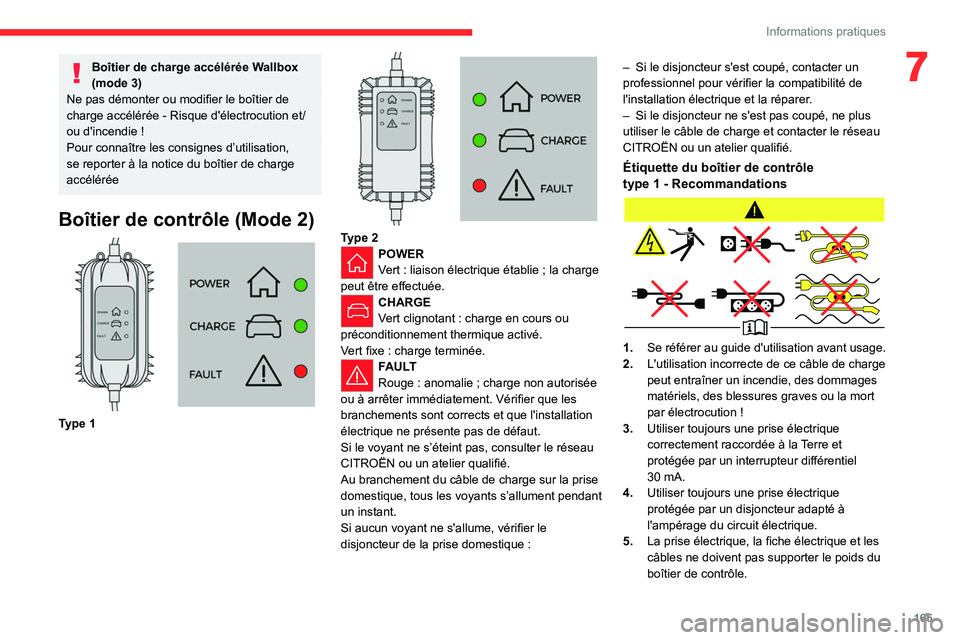 CITROEN C5 AIRCROSS 2022 Notices Demploi (in French) 165
Informations pratiques
7Boîtier de charge accélérée Wallbox
(mode 3)
Ne pas démonter ou modifier le boîtier de
charge accélérée
- Risque d'électrocution et/
ou d'incendie
! CITROEN C5 AIRCROSS 2022 Notices Demploi (in French) 165
Informations pratiques
7Boîtier de charge accélérée Wallbox
(mode 3)
Ne pas démonter ou modifier le boîtier de
charge accélérée
- Risque d'électrocution et/
ou d'incendie
!