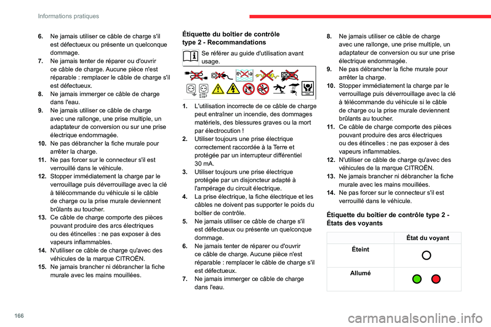 CITROEN C5 AIRCROSS 2022 Notices Demploi (in French) 166
Informations pratiques
6.Ne jamais utiliser ce câble de charge s'il
est défectueux ou présente un quelconque
dommage.
7. Ne jamais tenter de réparer ou d'ouvrir
ce câble de charge. CITROEN C5 AIRCROSS 2022 Notices Demploi (in French) 166
Informations pratiques
6.Ne jamais utiliser ce câble de charge s'il
est défectueux ou présente un quelconque
dommage.
7. Ne jamais tenter de réparer ou d'ouvrir
ce câble de charge.