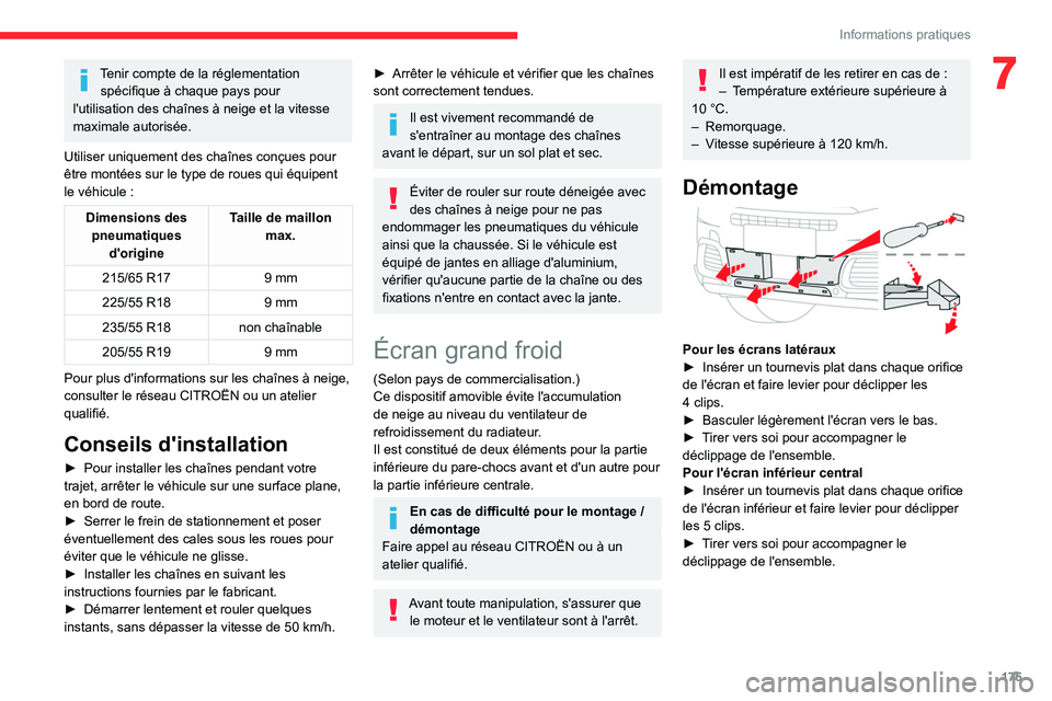 CITROEN C5 AIRCROSS 2022 Notices Demploi (in French) 175
Informations pratiques
7Tenir compte de la réglementation spécifique à chaque pays pour
l'utilisation des chaînes à neige et la vitesse
maximale autorisée.
Utiliser uniquement des chaà CITROEN C5 AIRCROSS 2022 Notices Demploi (in French) 175
Informations pratiques
7Tenir compte de la réglementation spécifique à chaque pays pour
l'utilisation des chaînes à neige et la vitesse
maximale autorisée.
Utiliser uniquement des chaÃ