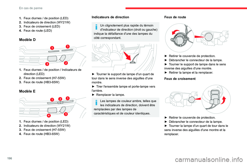 CITROEN C5 AIRCROSS 2022 Notices Demploi (in French) 196
En cas de panne
1.Feux diurnes / de position (LED)
2. Indicateurs de direction (WY21W)
3. Feux de croisement (LED)
4. Feux de route (LED)
Modèle D
1.Feux diurnes / de position / Indicate CITROEN C5 AIRCROSS 2022 Notices Demploi (in French) 196
En cas de panne
1.Feux diurnes / de position (LED)
2. Indicateurs de direction (WY21W)
3. Feux de croisement (LED)
4. Feux de route (LED)
Modèle D
1.Feux diurnes / de position / Indicate