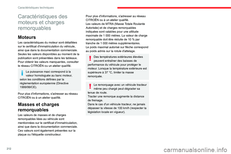 CITROEN C5 AIRCROSS 2022 Notices Demploi (in French) 212
Caractéristiques techniques
Caractéristiques des
moteurs et charges
remorquables
Moteurs
Les caractéristiques du moteur sont détaillées
sur le certificat d'immatriculation du véhicule CITROEN C5 AIRCROSS 2022 Notices Demploi (in French) 212
Caractéristiques techniques
Caractéristiques des
moteurs et charges
remorquables
Moteurs
Les caractéristiques du moteur sont détaillées
sur le certificat d'immatriculation du véhicule