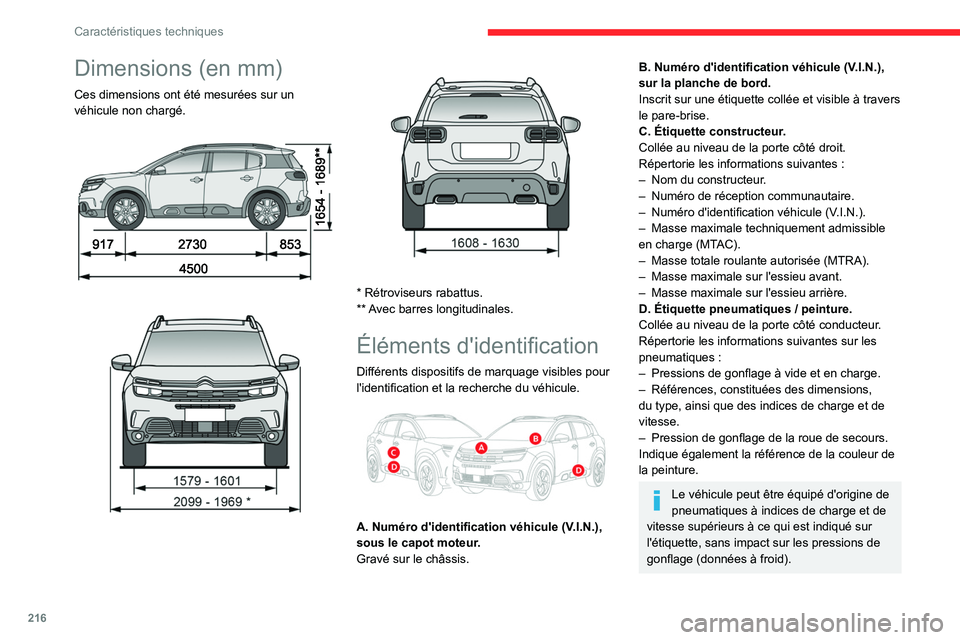 CITROEN C5 AIRCROSS 2022 Notices Demploi (in French) 216
Caractéristiques techniques
Dimensions (en mm)
Ces dimensions ont été mesurées sur un
véhicule non chargé.
* Rétroviseurs rabattus.
** Avec barres longitudinales.
Éléments d CITROEN C5 AIRCROSS 2022 Notices Demploi (in French) 216
Caractéristiques techniques
Dimensions (en mm)
Ces dimensions ont été mesurées sur un
véhicule non chargé.
* Rétroviseurs rabattus.
** Avec barres longitudinales.
Éléments d