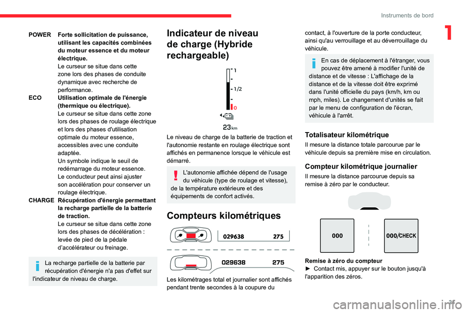 CITROEN C5 AIRCROSS 2022  Notices Demploi (in French) 21
Instruments de bord
1POWER Forte sollicitation de puissance, utilisant les capacités combinées 
du moteur essence et du moteur 
électrique.
Le curseur se situe dans cette 
zone lors des phases d