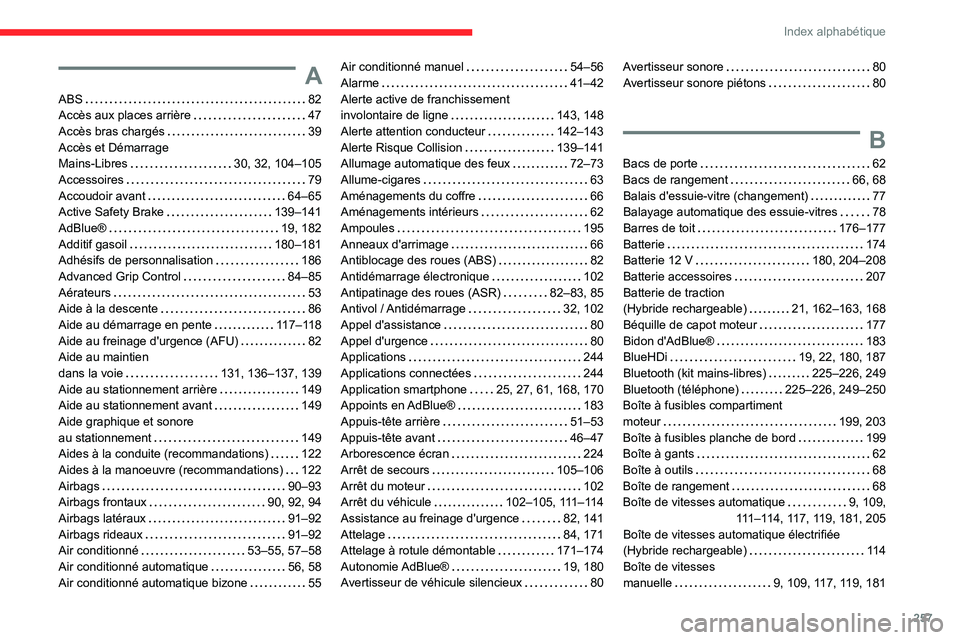 CITROEN C5 AIRCROSS 2022 Notices Demploi (in French) 257
Index alphabétique
A
ABS 82
Accès aux places arrière
47
Accès bras chargés
39
Accès et Démarrage
Mains-Libres
30, 32, 104–105
Accessoires
79
Accoudoir avant
CITROEN C5 AIRCROSS 2022 Notices Demploi (in French) 257
Index alphabétique
A
ABS 82
Accès aux places arrière
47
Accès bras chargés
39
Accès et Démarrage
Mains-Libres
30, 32, 104–105
Accessoires
79
Accoudoir avant