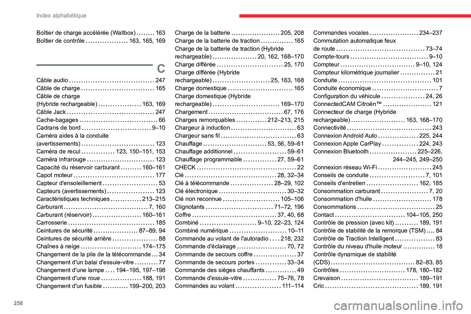 CITROEN C5 AIRCROSS 2022 Notices Demploi (in French) 258
Index alphabétique
Boîtier de charge accélérée (Wallbox) 163
Boîtier de contrôle
163, 165, 169
C
Câble audio 247
Câble de charge
165
Câble de charge
(Hybride rechargea CITROEN C5 AIRCROSS 2022 Notices Demploi (in French) 258
Index alphabétique
Boîtier de charge accélérée (Wallbox) 163
Boîtier de contrôle
163, 165, 169
C
Câble audio 247
Câble de charge
165
Câble de charge
(Hybride rechargea