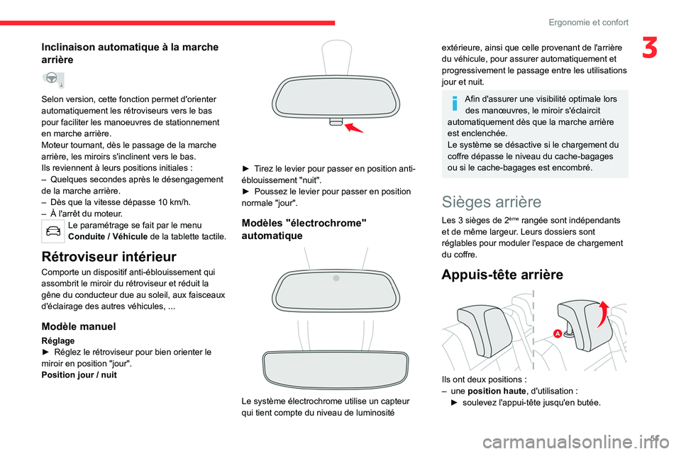 CITROEN C5 AIRCROSS 2022 Notices Demploi (in French) 51
Ergonomie et confort
3Inclinaison automatique à la marche
arrière
Selon version, cette fonction permet d'orienter
automatiquement les rétroviseurs vers le bas
pour faciliter les manoeu CITROEN C5 AIRCROSS 2022 Notices Demploi (in French) 51
Ergonomie et confort
3Inclinaison automatique à la marche
arrière
Selon version, cette fonction permet d'orienter
automatiquement les rétroviseurs vers le bas
pour faciliter les manoeu