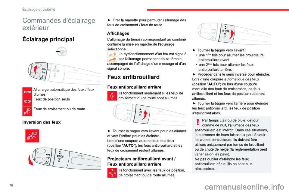CITROEN C5 AIRCROSS 2022 Notices Demploi (in French) 70
Éclairage et visibilité
Commandes d'éclairage
extérieur
Éclairage principal
Allumage automatique des feux / feux
diurnes
Feux de position seuls
Feux de croisement ou de route
In CITROEN C5 AIRCROSS 2022 Notices Demploi (in French) 70
Éclairage et visibilité
Commandes d'éclairage
extérieur
Éclairage principal
Allumage automatique des feux / feux
diurnes
Feux de position seuls
Feux de croisement ou de route
In