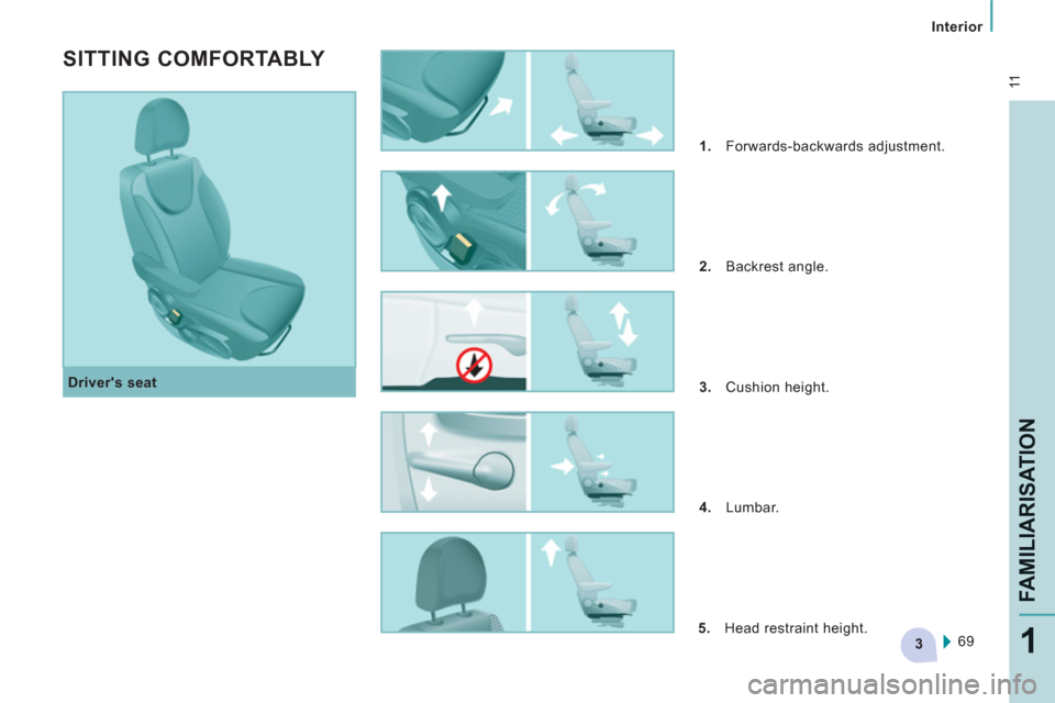Citroen JUMPY MULTISPACE 2013 2.G User Guide 3
 11
Interior  
 
FAMILIARISATIO
N
1
 
 
Drivers seat 
 
 
 
 
SITTING COMFORTABLY 
 
 
 
1. 
 Forwards-backwards adjustment. 
   
2. 
 Backrest angle. 
   
3. 
 Cushion height. 
   
4. 
 Lumbar. 
 