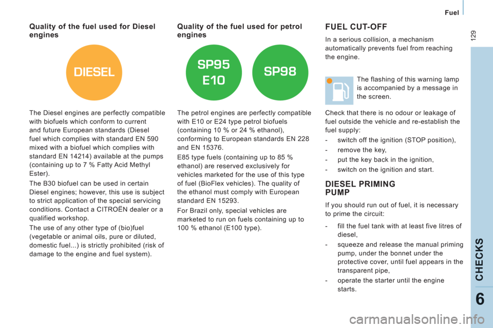 Citroen JUMPY MULTISPACE 2013 2.G Owners Manual DIESEL
 129
Fuel  
 
CHECK
S
6
 
FUEL CUT-OFF
 
In a serious collision, a mechanism 
automatically prevents fuel from reaching 
the engine. 
  DIESEL PRIMINGPUMP
 
 
 
If you should run out of fuel, i