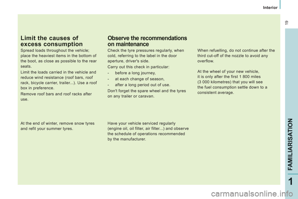 Citroen JUMPY MULTISPACE 2013 2.G Owners Manual  19
Interior  
 
FAMILIARISATIO
N
1
Limit the causes of 
excess consumption
 
 
Spread loads throughout the vehicle; 
place the heaviest items in the bottom of 
the boot, as close as possible to the r