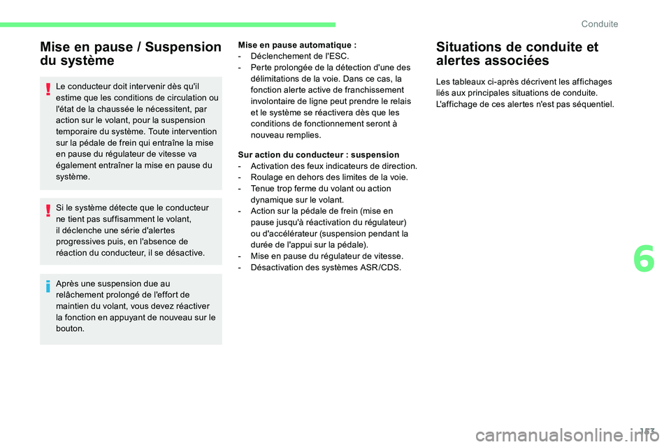 CITROEN C5 AIRCROSS 2020 Notices Demploi (in French) 153
Mise en pause / Suspension
du s ystème
Le conducteur doit inter venir dès qu'il
estime que les conditions de circulation ou
l'état de la chaussée le nécessitent, par
action sur le CITROEN C5 AIRCROSS 2020 Notices Demploi (in French) 153
Mise en pause / Suspension
du s ystème
Le conducteur doit inter venir dès qu'il
estime que les conditions de circulation ou
l'état de la chaussée le nécessitent, par
action sur le