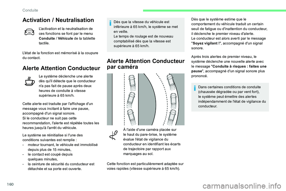 CITROEN C5 AIRCROSS 2020  Notices Demploi (in French) 160
Activation / Neutralisation
L'activation et la neutralisation de 
ces fonctions se font par le menu 
Conduite
 

/ Véhicule  de la tablette 
tactile.
L'état de la fonction est mémorisé