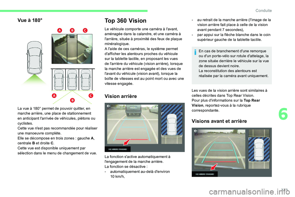 CITROEN C5 AIRCROSS 2020 Notices Demploi (in French) 171
Vue à 180°Top 360 Vision
Le véhicule comporte une caméra à l'avant,
aménagée dans la calandre, et une caméra à
l'arrière, située à proximité des feux de plaque
minéralogiq CITROEN C5 AIRCROSS 2020 Notices Demploi (in French) 171
Vue à 180°Top 360 Vision
Le véhicule comporte une caméra à l'avant,
aménagée dans la calandre, et une caméra à
l'arrière, située à proximité des feux de plaque
minéralogiq