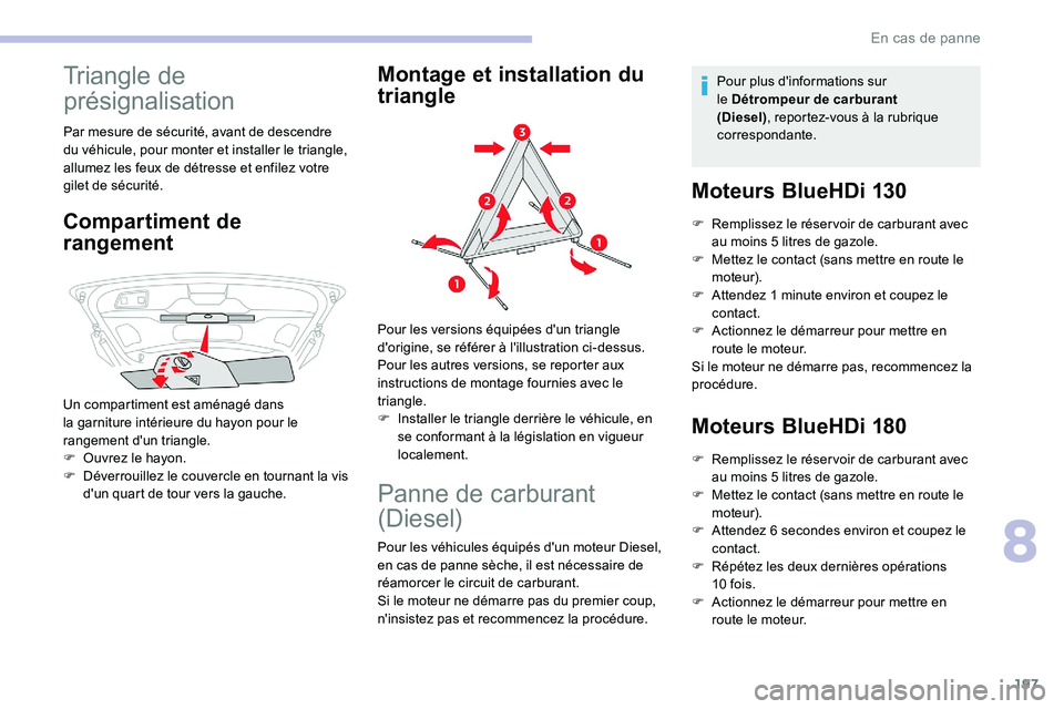 CITROEN C5 AIRCROSS 2020 Notices Demploi (in French) 197
Triangle de
présignalisation
Par mesure de sécurité, avant de descendre
du véhicule, pour monter et installer le triangle,
allumez les feux de détresse et enfilez votre
gilet de sécurità CITROEN C5 AIRCROSS 2020 Notices Demploi (in French) 197
Triangle de
présignalisation
Par mesure de sécurité, avant de descendre
du véhicule, pour monter et installer le triangle,
allumez les feux de détresse et enfilez votre
gilet de sécuritÃ