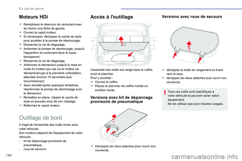 CITROEN C5 AIRCROSS 2020 Notices Demploi (in French) 198
Moteurs HDi
F Remplissez le réser voir de carburant avec au moins cinq litres de gazole.
F
O
uvrez le capot moteur.
F
S
i nécessaire, déclippez le cache de style
pour accéder à la po CITROEN C5 AIRCROSS 2020 Notices Demploi (in French) 198
Moteurs HDi
F Remplissez le réser voir de carburant avec au moins cinq litres de gazole.
F
O
uvrez le capot moteur.
F
S
i nécessaire, déclippez le cache de style
pour accéder à la po