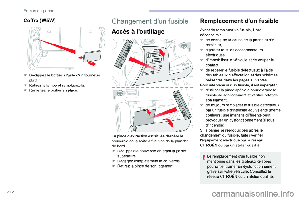 CITROEN C5 AIRCROSS 2020  Notices Demploi (in French) 212
Coffre (W5W)
F Déclippez le boîtier à l'aide d'un tournevis plat fin.
F
 
R
 etirez la lampe et remplacez-la.
F
 
R
 emettez le boîtier en place.
Changement d'un fusible
Accès à 