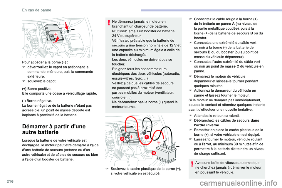 CITROEN C5 AIRCROSS 2020  Notices Demploi (in French) 216
(+) Borne positive.
Elle comporte une cosse à verrouillage rapide.
(-)  Borne négative.
La borne négative de la batterie n'étant pas 
accessible, un point de masse déporté est 
implanté