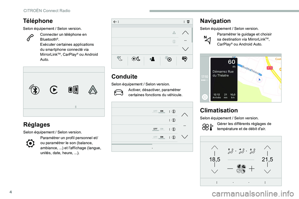 CITROEN C5 AIRCROSS 2020  Notices Demploi (in French) 4
21,518,5
Téléphone
Selon équipement / Selon version.
Connecter un téléphone en 
Bluetooth
®.
Exécuter certaines applications 
du smartphone connecté via 
MirrorLink
TM, CarPlay® ou Android 