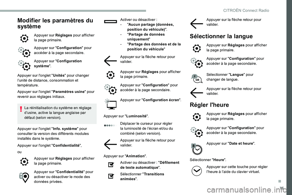 CITROEN C5 AIRCROSS 2020 Notices Demploi (in French) 15
Modifier les paramètres du
système
Appuyer sur Réglages pour afficher
la page primaire.
Appuyer sur " Configuration " pour
accéder à la page secondaire.
Appuyer sur " Configurat CITROEN C5 AIRCROSS 2020 Notices Demploi (in French) 15
Modifier les paramètres du
système
Appuyer sur Réglages pour afficher
la page primaire.
Appuyer sur " Configuration " pour
accéder à la page secondaire.
Appuyer sur " Configurat