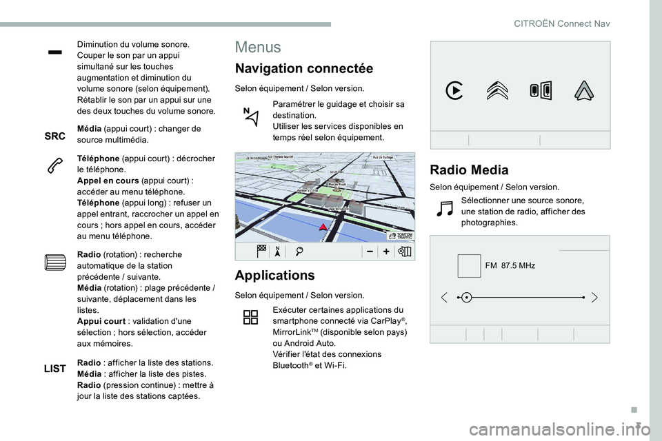 CITROEN C5 AIRCROSS 2020  Notices Demploi (in French) 3
FM  87.5 MHz
Diminution du volume sonore.
Couper le son par un appui 
simultané sur les touches 
augmentation et diminution du 
volume sonore (selon équipement).
Rétablir le son par un appui sur 