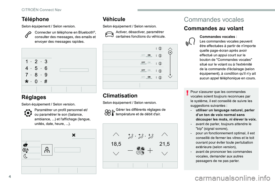 CITROEN C5 AIRCROSS 2020 Notices Demploi (in French) 4
21,518,5
Téléphone
Selon équipement / Selon version.
Connecter un téléphone en Bluetooth
®,
consulter des messages, des emails et
envoyer des messages rapides.
Réglages
Selon équipement / CITROEN C5 AIRCROSS 2020 Notices Demploi (in French) 4
21,518,5
Téléphone
Selon équipement / Selon version.
Connecter un téléphone en Bluetooth
®,
consulter des messages, des emails et
envoyer des messages rapides.
Réglages
Selon équipement /
