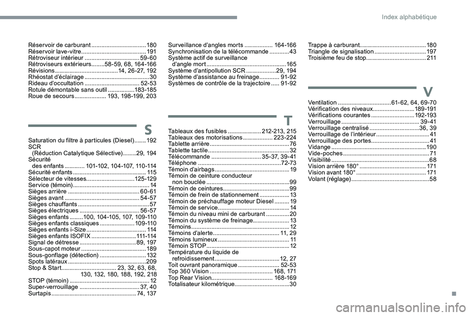 CITROEN C5 AIRCROSS 2020  Notices Demploi (in French) Tableaux des fusibles ....................212-213, 215
Tableaux des motorisations  ..................223-224
Tablette arrière
 

................................................ 76
Tablette tactile
 